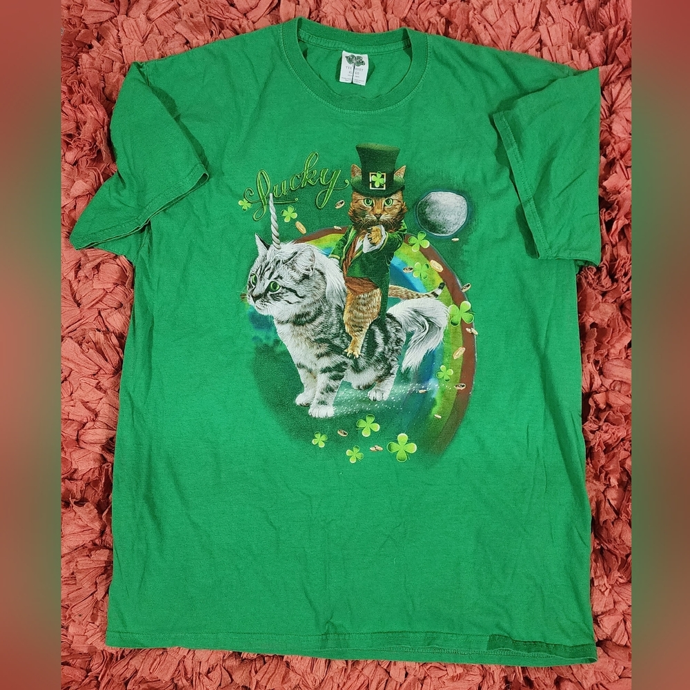 Kitten Leprechaun Riding Kitten Unicorn St. Patrick's Day Graphic Tee Vintage XL